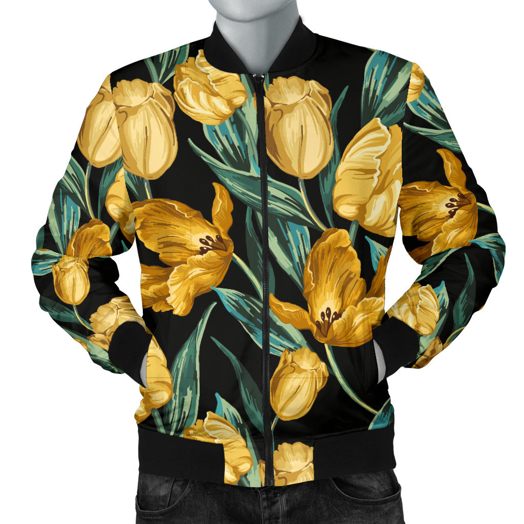 Elegant Yellow Tulip Print Men Bomber Jacket