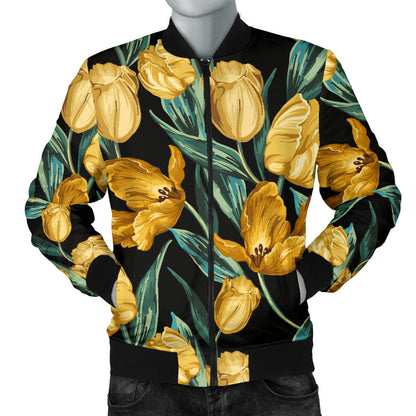 Elegant Yellow Tulip Print Men Bomber Jacket