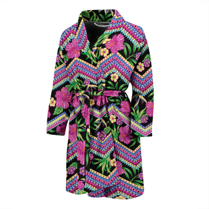 Hibiscus Pink Zigzag Line Pattern Design LKS307 Men Bathrobe