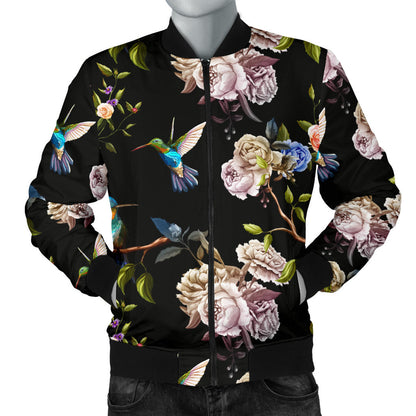 Hummingbird Flower Themed Print Men Bomber Jacket