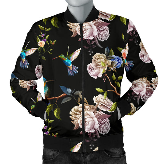 Hummingbird Flower Themed Print Men Bomber Jacket