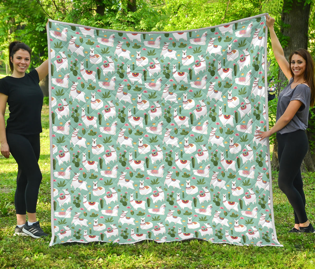 Llama with Cactus Themed Print Quilt Bedspread