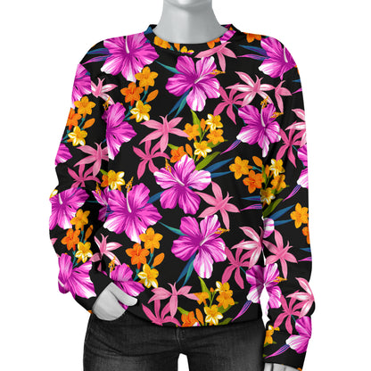 Tropical Folower Pink Hibiscus Print Women Long Sleeve Sweatshirt