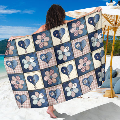 Patchwork Heart Flower Pattern Print Design 01 Sarong Pareo Wrap