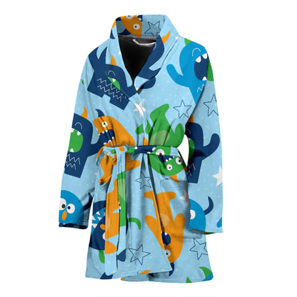 Monster Cartoon Pattern Print Design 04 Women Bathrobe