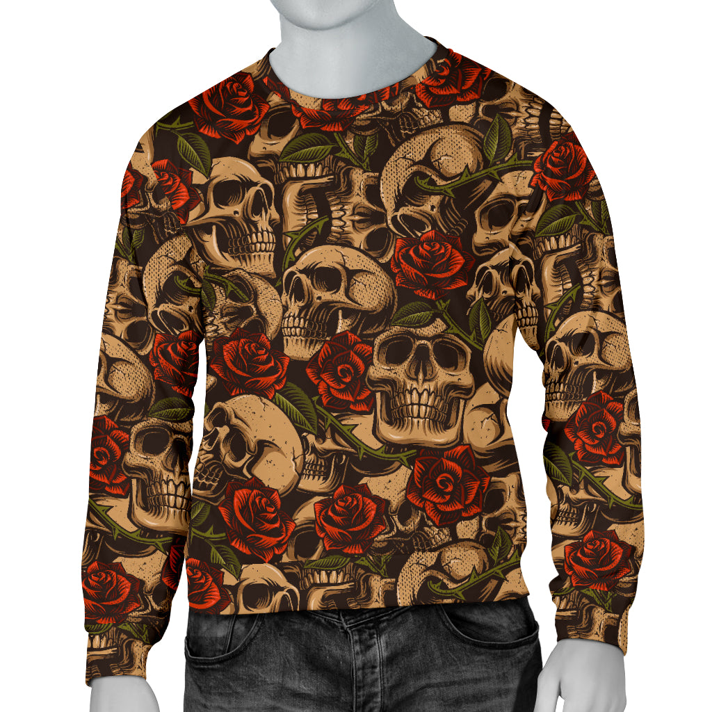 Skull Roses Vintage Design Themed Print Men Long Sleeve Sweatshirt