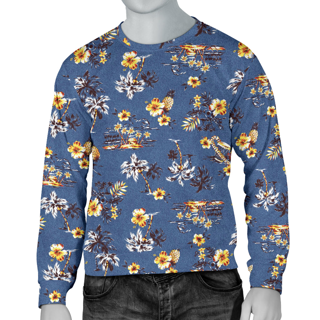 Hawaiian Flower Blue Print Men Long Sleeve Sweatshirt