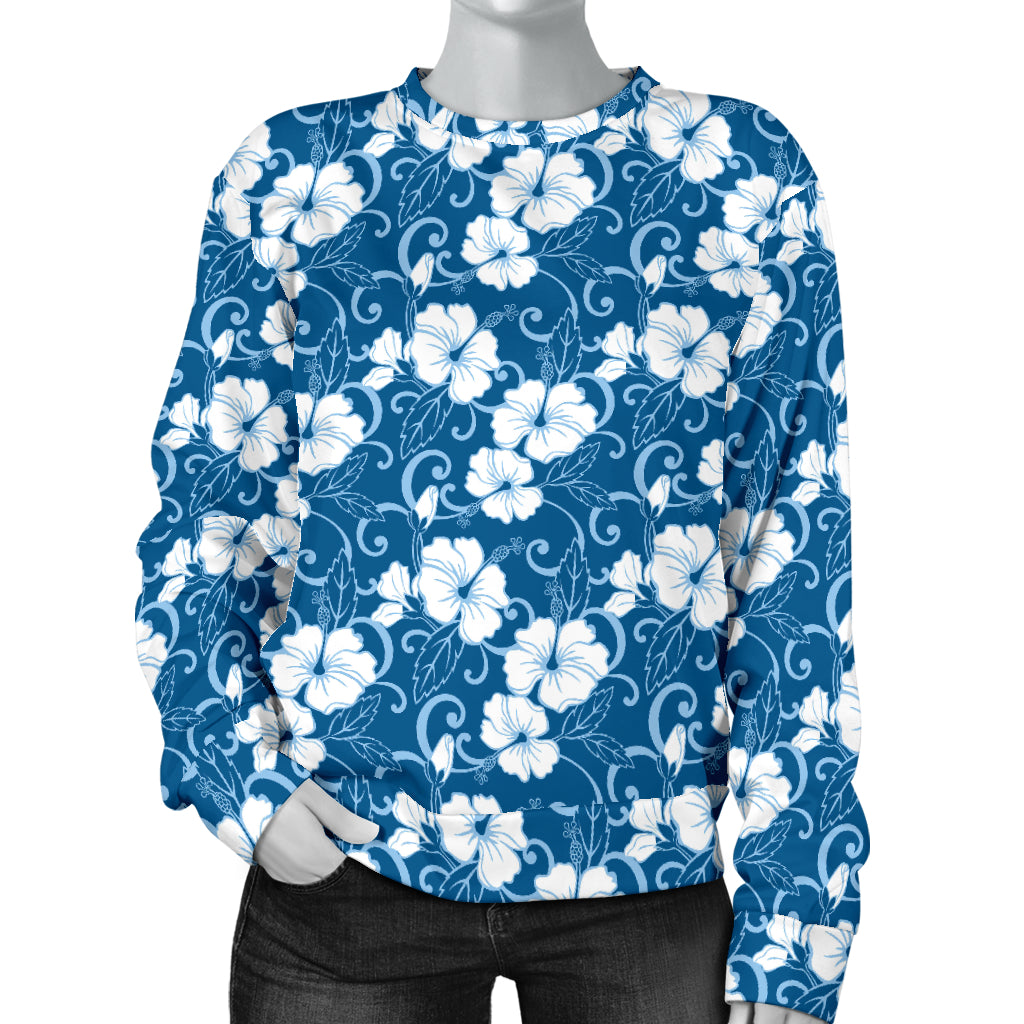 Hibiscus Blue Flower Hawaiian Print Women Long Sleeve Sweatshirt