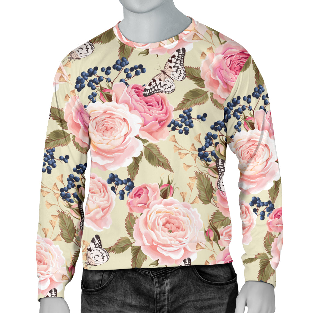 Floral Pink Butterfly Print Men Long Sleeve Sweatshirt