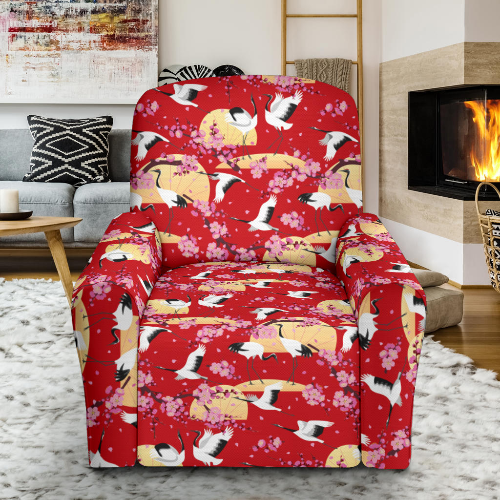 Crane Pattern Print Design 04 Recliner Slipcover with Pocket