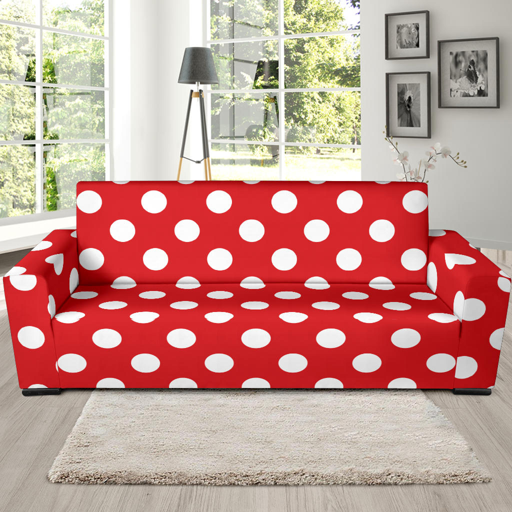 Polka Dot Red Pattern Print Design 04 Sofa Slipcover