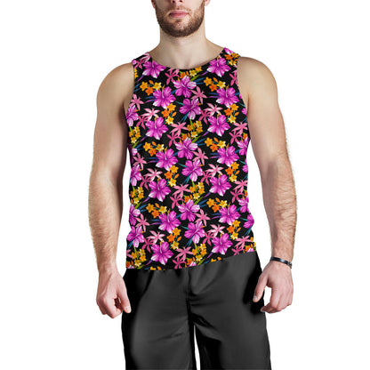 Tropical Folower Pink Hibiscus Print Men Tank Top