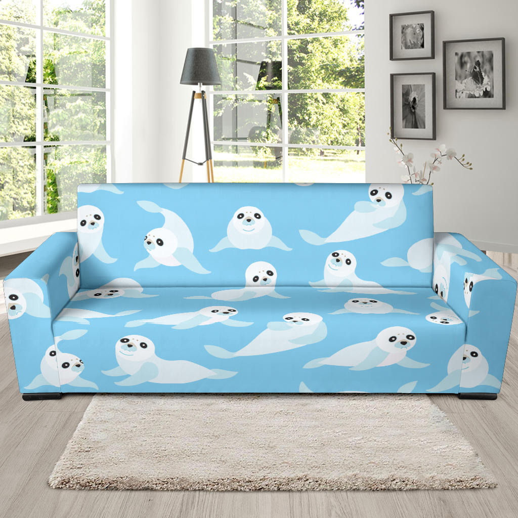 Sea Lion Cute Pattern Print Design 03 Sofa Slipcover