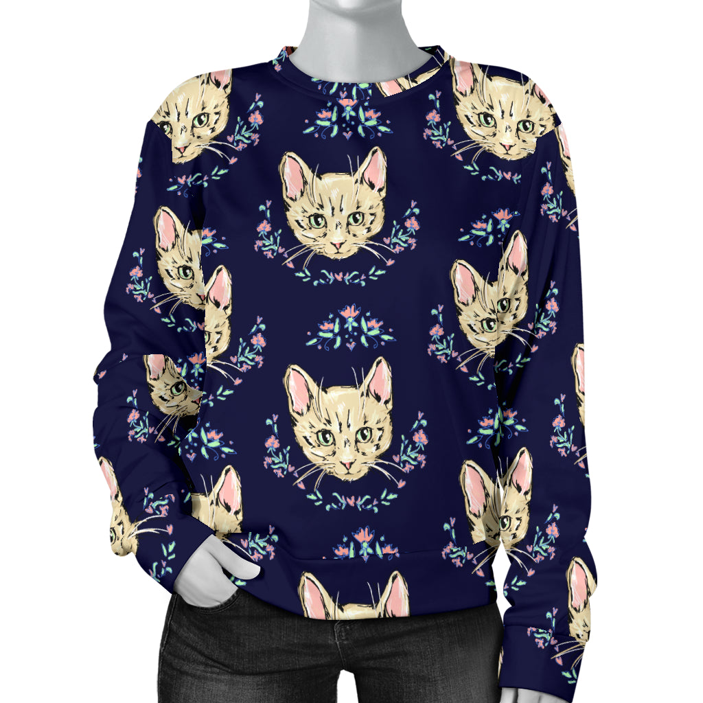 Cat Head with flower Print Pattern Women Long Sleeve Sweatshirt