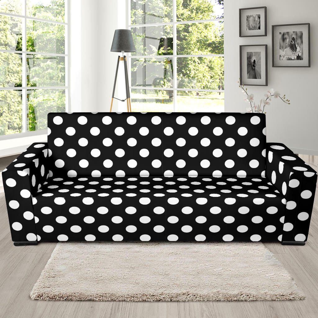 Polka Dot Black White Pattern Print Design 03 Sofa Slipcover