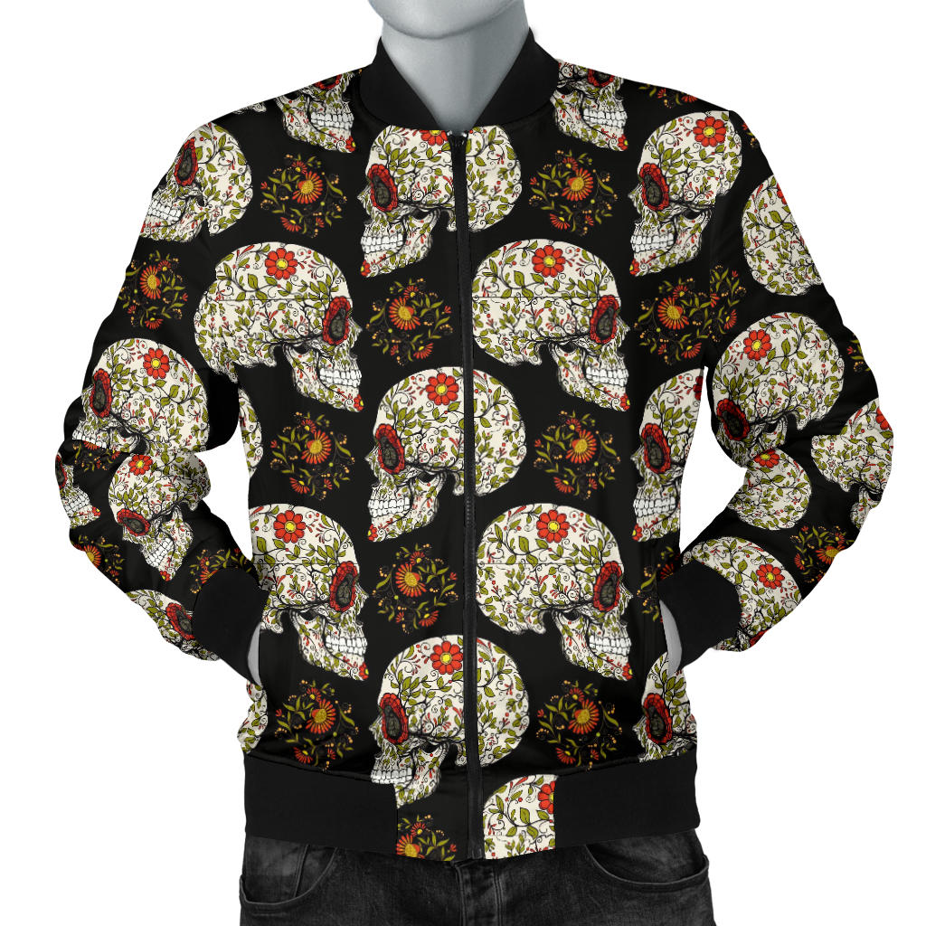 Sugar Skull Flower Design Themed Print Men Bomber Jacket