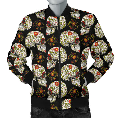 Sugar Skull Flower Design Themed Print Men Bomber Jacket