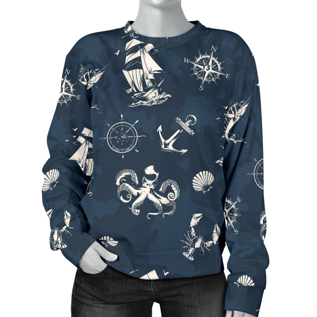 Nautical Sea Themed Print Women Long Sleeve Sweatshirt