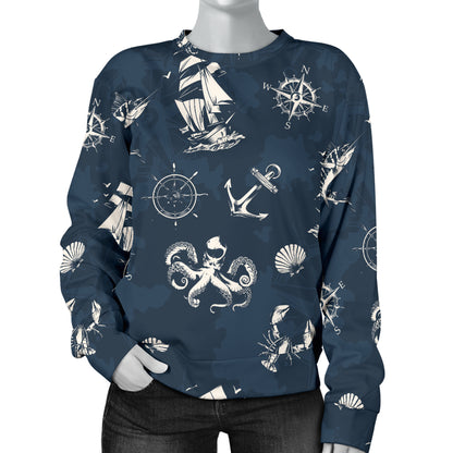 Nautical Sea Themed Print Women Long Sleeve Sweatshirt
