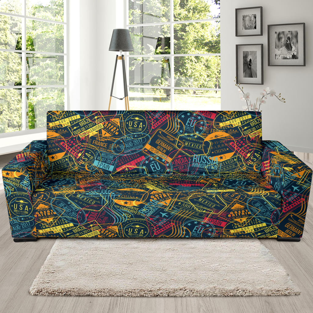 Travel Stamp Colorful Print Design LKS304 Sofa Slipcover