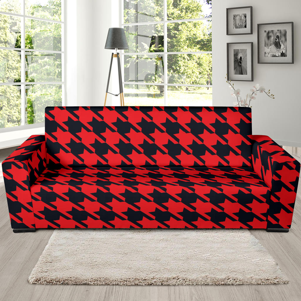 Houndstooth Red Pattern Print Design 03 Sofa Slipcover