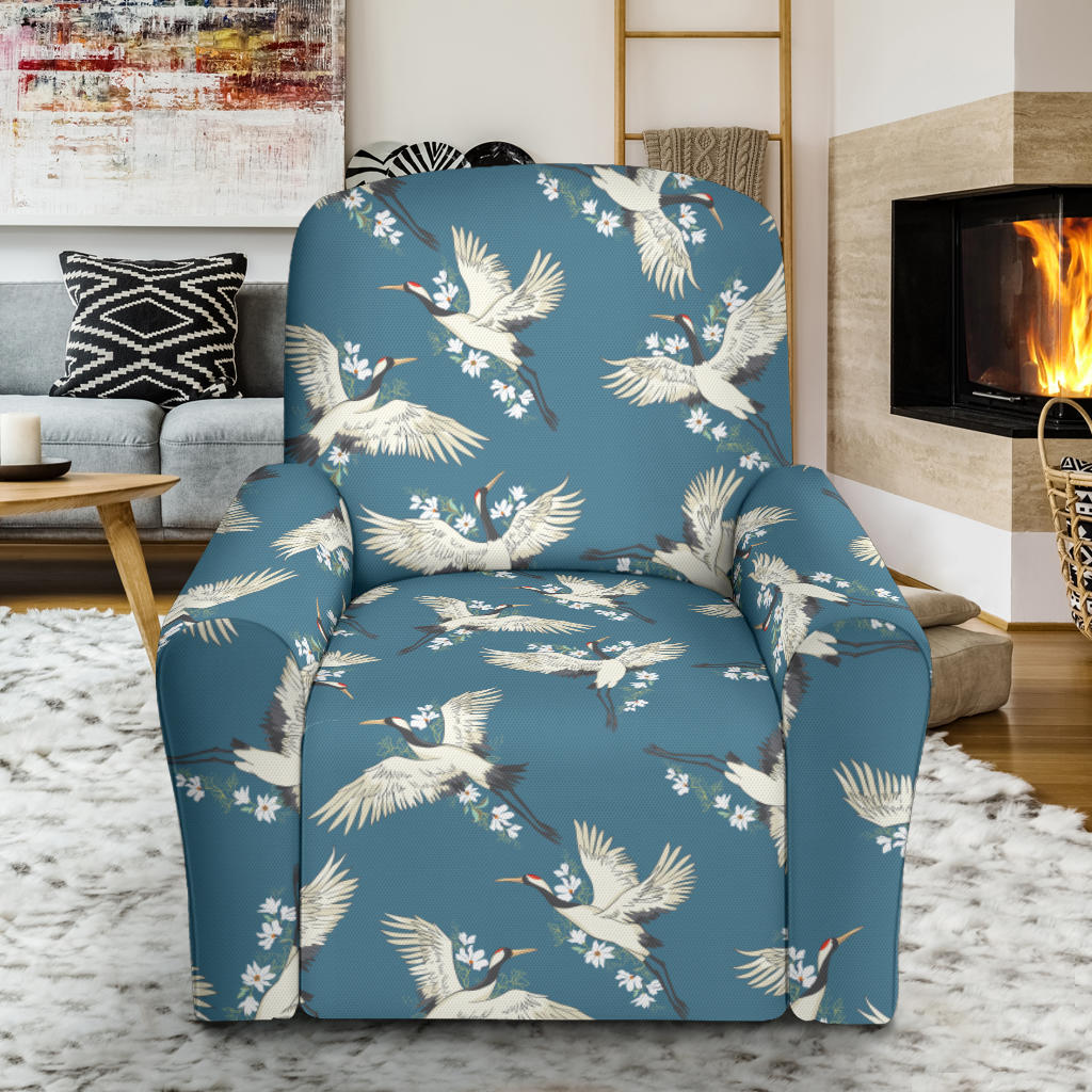 Crane Pattern Print Design 02 Recliner Slipcover with Pocket