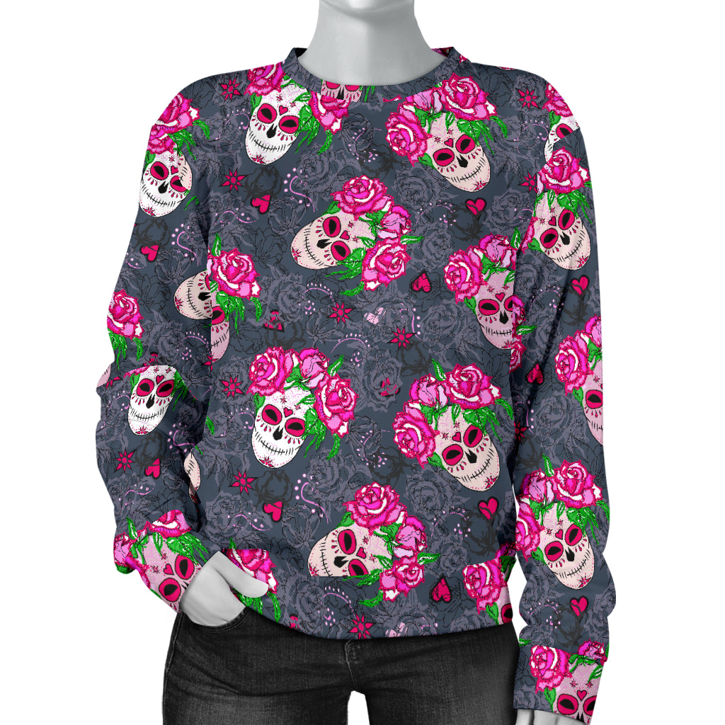 Sugar Skull Pink Rose Themed Print Women Long Sleeve Sweatshirt