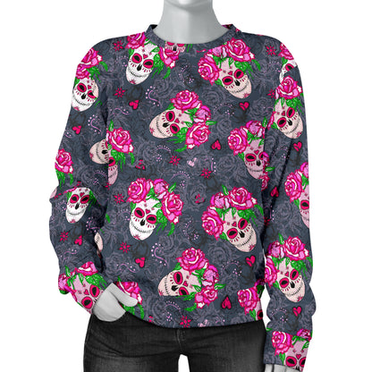 Sugar Skull Pink Rose Themed Print Women Long Sleeve Sweatshirt