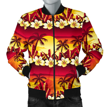 Hawaiian Tropical Sunset Hibiscus Print Men Bomber Jacket