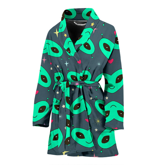 Alien Head Heart Pattern Print Design 03 Women Bathrobe