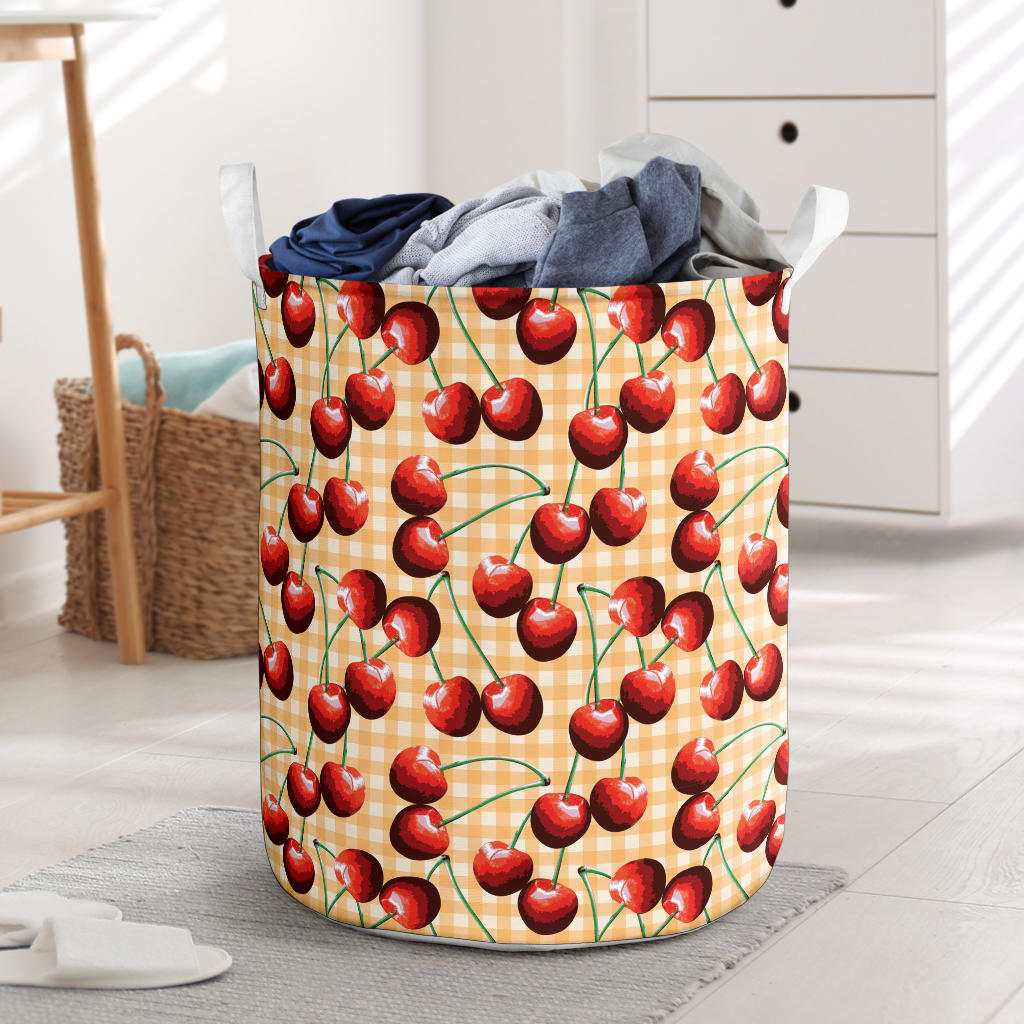 Cherry Orange Plaid Print Laundry Basket
