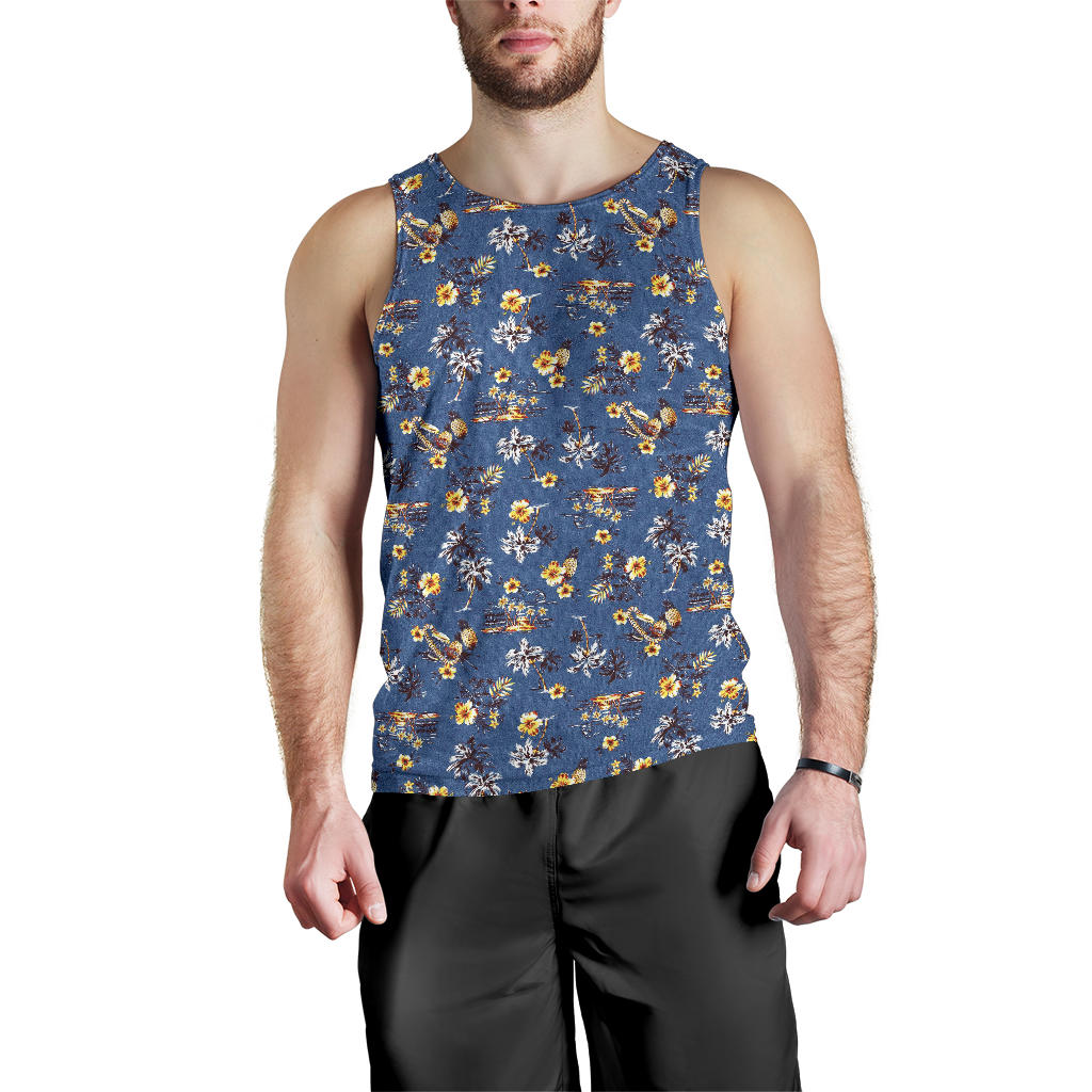 Hawaiian Flower Blue Print Men Tank Top