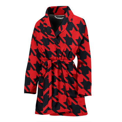 Houndstooth Red Pattern Print Design 03 Women Bathrobe