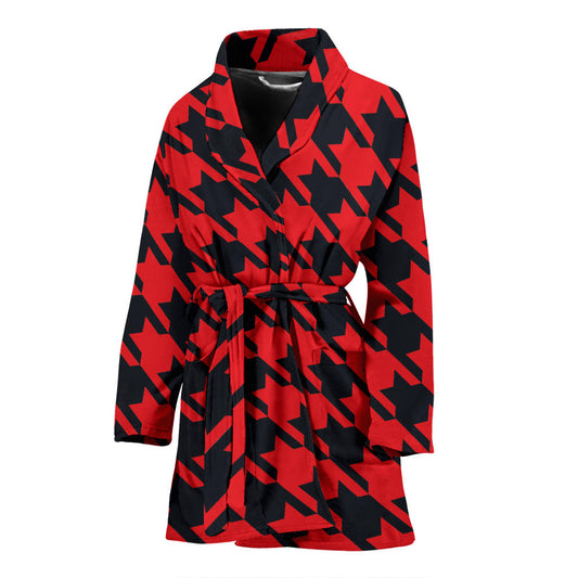 Houndstooth Red Pattern Print Design 03 Women Bathrobe