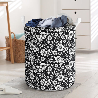 Floral Black White Themed Print Laundry Basket