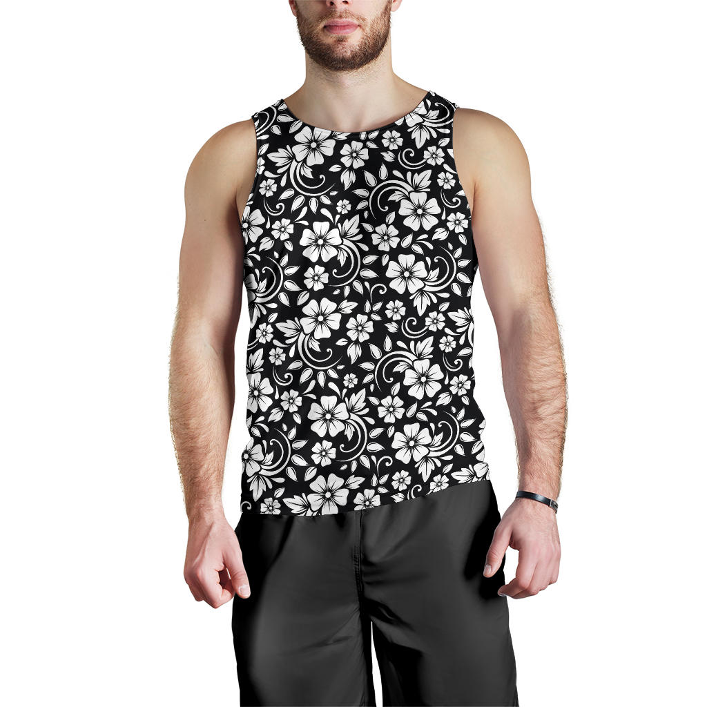 Floral Black White Themed Print Men Tank Top