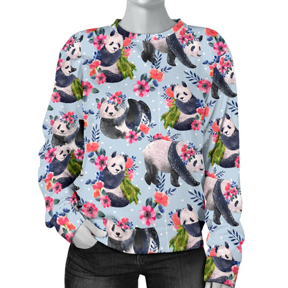 Panda Bear Flower Design Themed Print Women Long Sleeve Sweatshirt