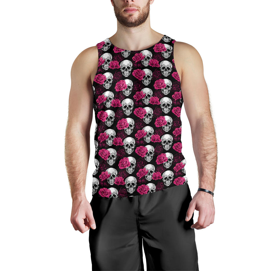 Pink Rose Skull Themed Print Men Tank Top