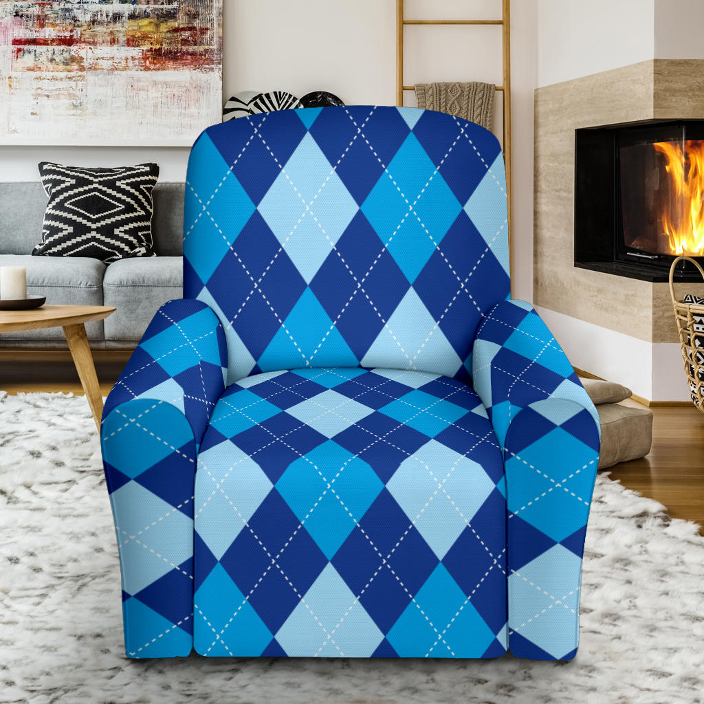Argyle Blue Pattern Print Design 02 Recliner Slipcover with Pocket