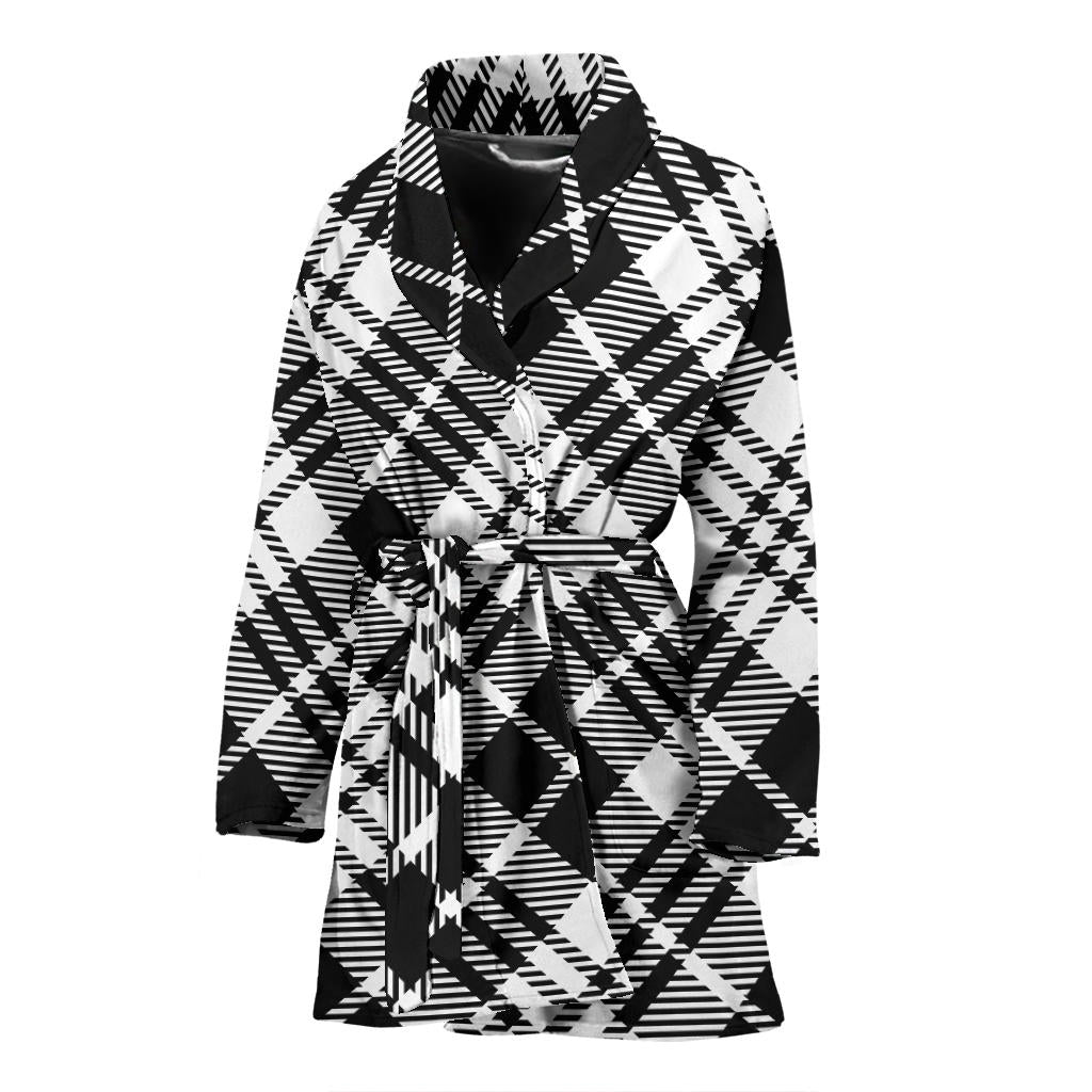 Plaid Black White Pattern Print Design A02 Women Bathrobe