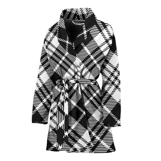 Plaid Black White Pattern Print Design A02 Women Bathrobe
