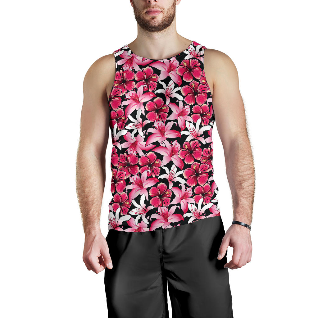 Flower Hawaiian Pink Red Hibiscus Print Men Tank Top