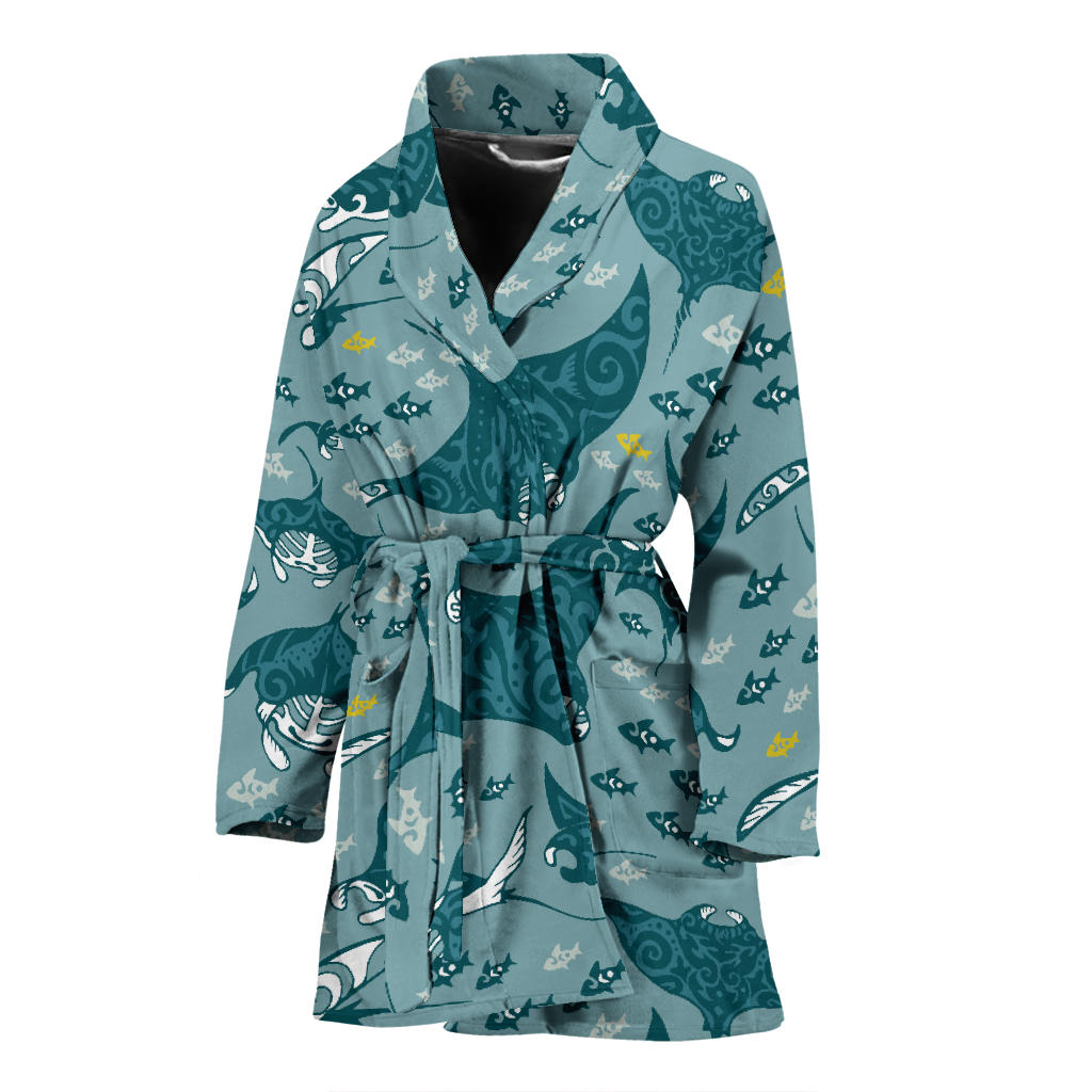 Manta Ray Tribal Pattern Print Design 03 Women Bathrobe