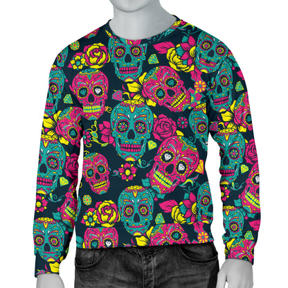 Sugar Skull Floral Design Themed Print Men Long Sleeve Sweatshirt