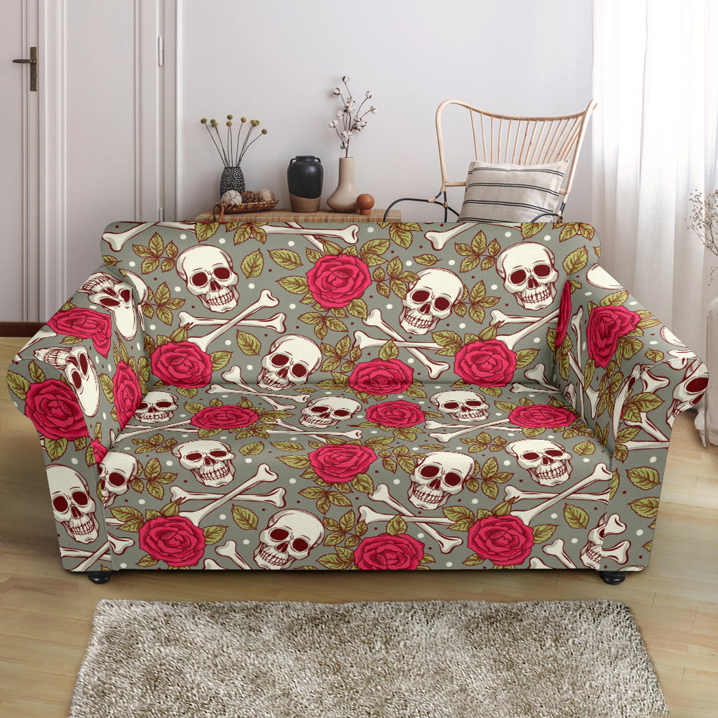 Skull Bone Rose Print Design LKS303 Loveseat Couch Slipcover