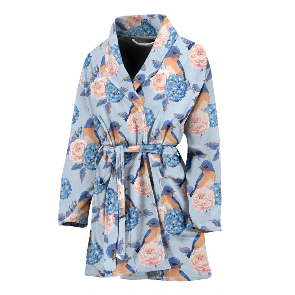 Bluebird Pattern Print Design 01 Women Bathrobe