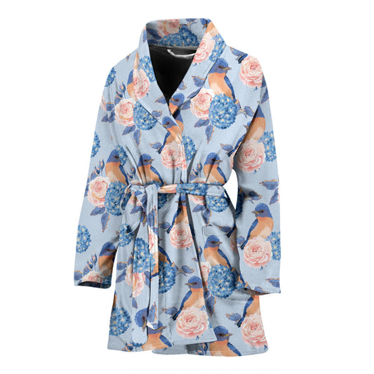 Bluebird Pattern Print Design 01 Women Bathrobe