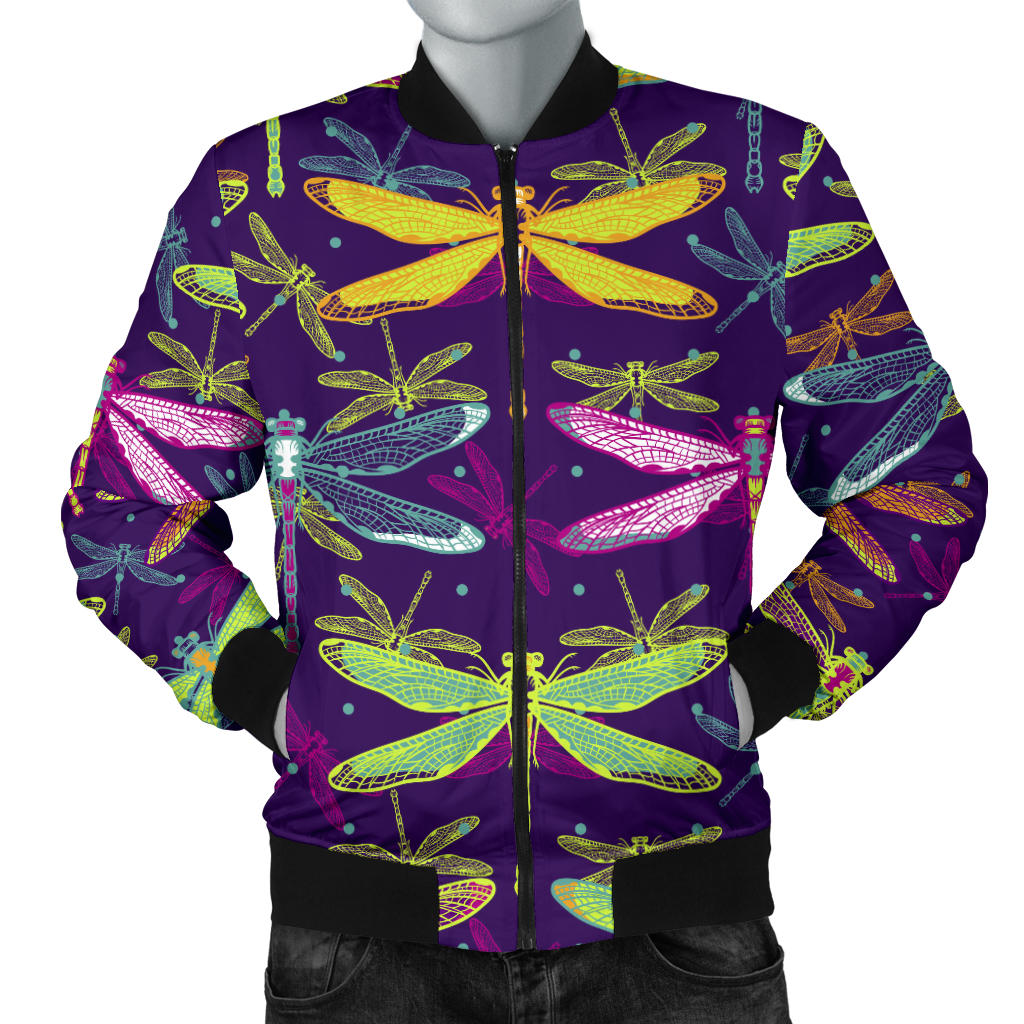 Dragonfly Neon Color Print Pattern Men Bomber Jacket