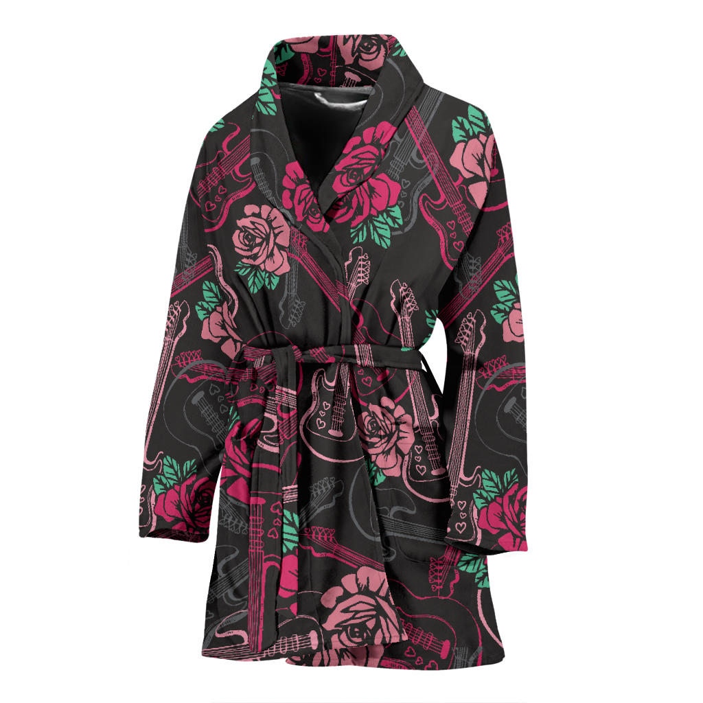 Bass Guitar Pink Rose Pattern Print Design 01 Women Bathrobe