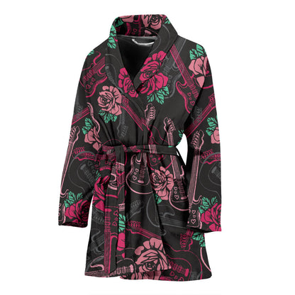Bass Guitar Pink Rose Pattern Print Design 01 Women Bathrobe